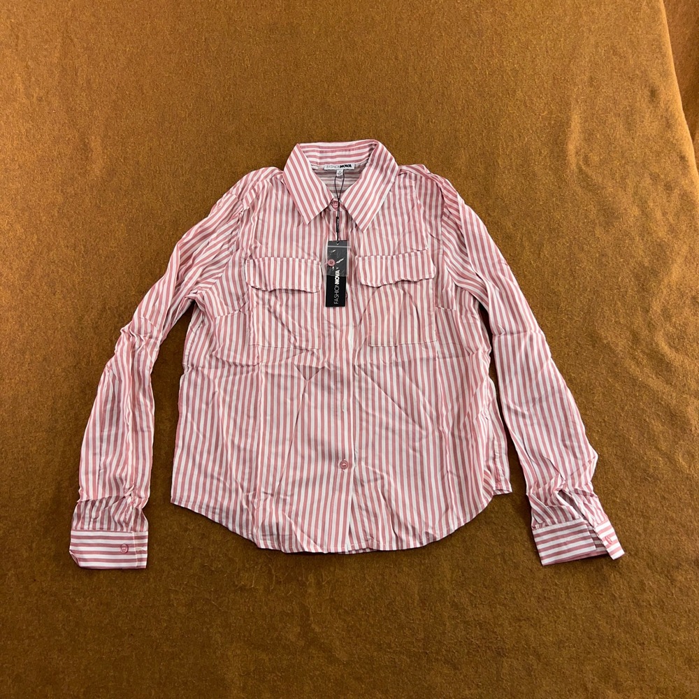 Fashion Nova Womens Medium Pink White Stripe You Better Work Button Up Shirt NWT